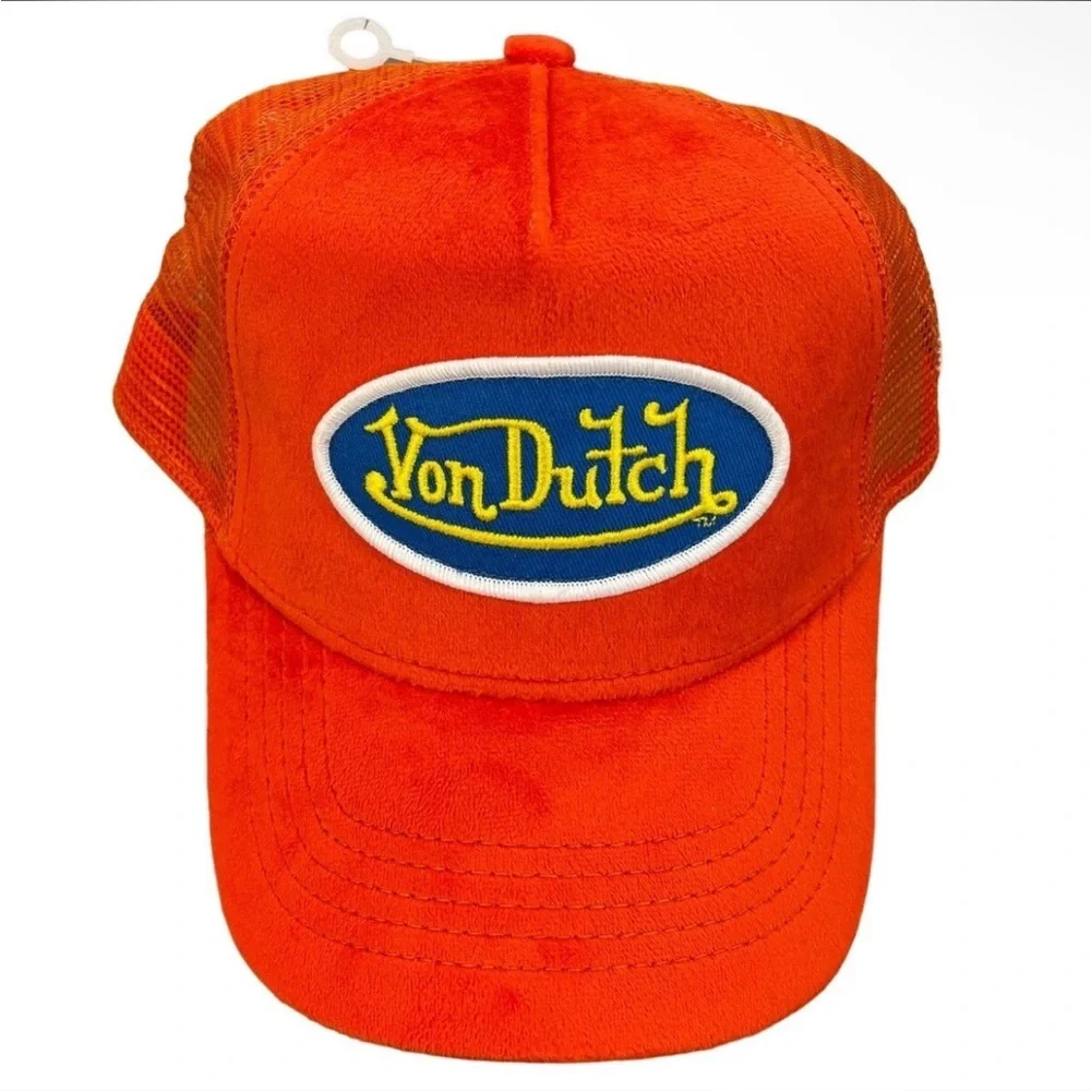 Von Dutch Hollywood Patch Orange VELVET Trucker Hat| Adjustable/Snapback|NEW/NWT